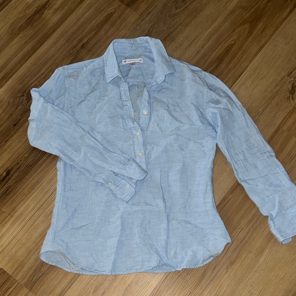 Southern Tide Light Blue Button-Up Linen Blouse